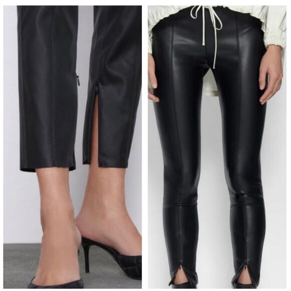 Zara Black Faux Leather High Waist Skinny Ankle Zip Leggings Small - Picture 7 of 14